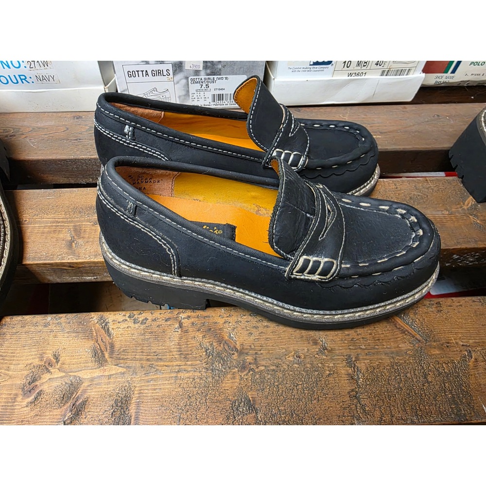 Candies Black Leather Penny Loafers White Contrast Stitch Lug Sole Shoes 6